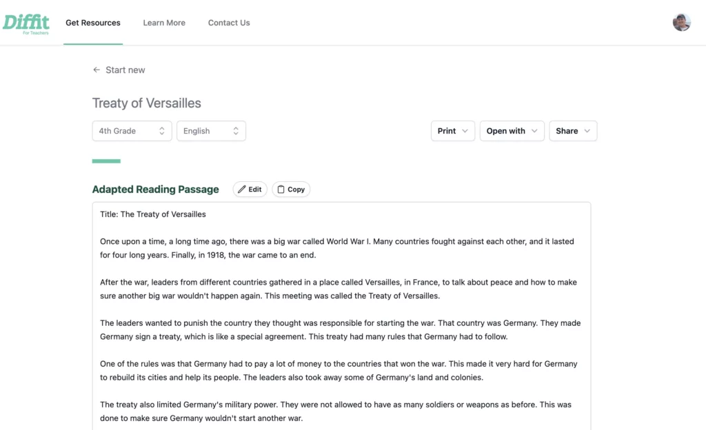 A leveled reading activity in Diffit.